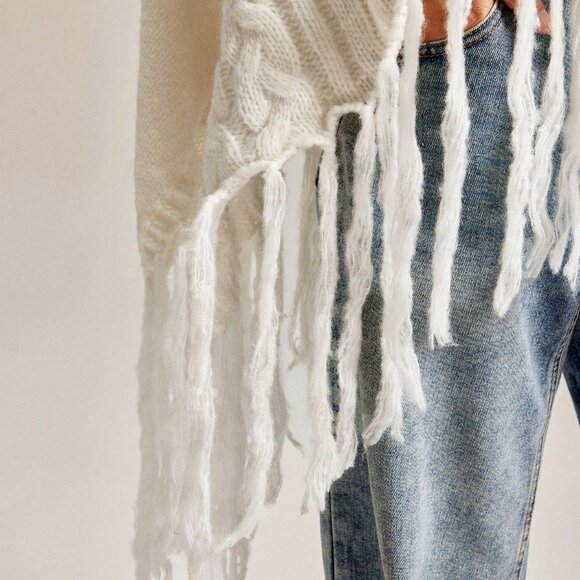 White Boho Chic Women's Off-Shoulder Poncho Sweater with Fringe - Picture 5 of 7